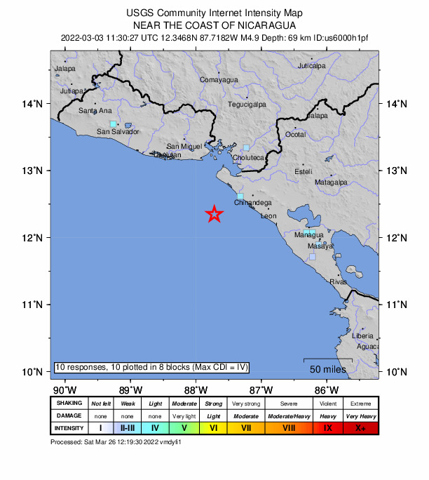 USGS DYFI community-reported intensity map for the M4.9 earthquake near 52 km SSW of Jiquilillo, Nicaragua
