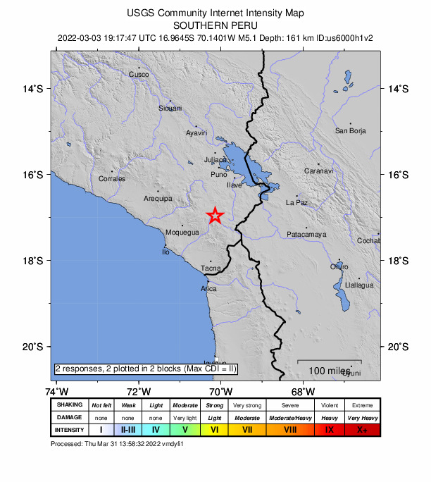 USGS DYFI community-reported intensity map for the M5.1 earthquake near 28 km NE of Pujocucho, Peru