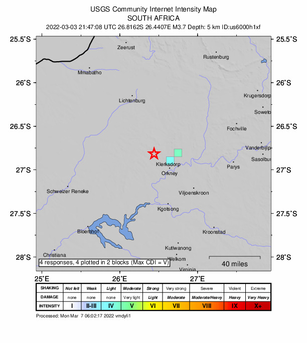 USGS DYFI community-reported intensity map for the M3.7 earthquake near 22 km W of Klerksdorp, South Africa