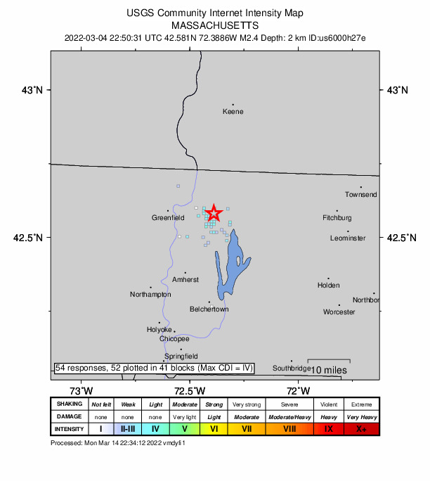 USGS DYFI community-reported intensity map for the M2.2 earthquake near 2 km SSE of Erving, Massachusetts