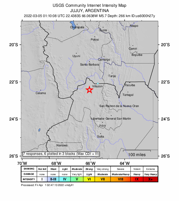 USGS DYFI community-reported intensity map for the M5.7 earthquake near 48 km NW of Abra Pampa, Argentina