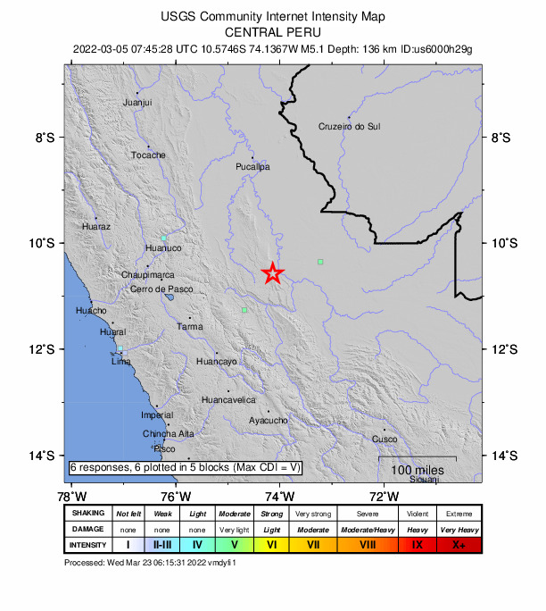 USGS DYFI community-reported intensity map for the M5.1 earthquake near 66 km NNE of Puerto Ocopa, Peru