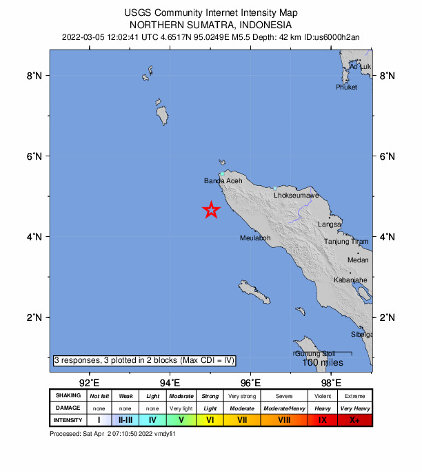 USGS DYFI community-reported intensity map for the M5.5 earthquake near northern Sumatra, Indonesia