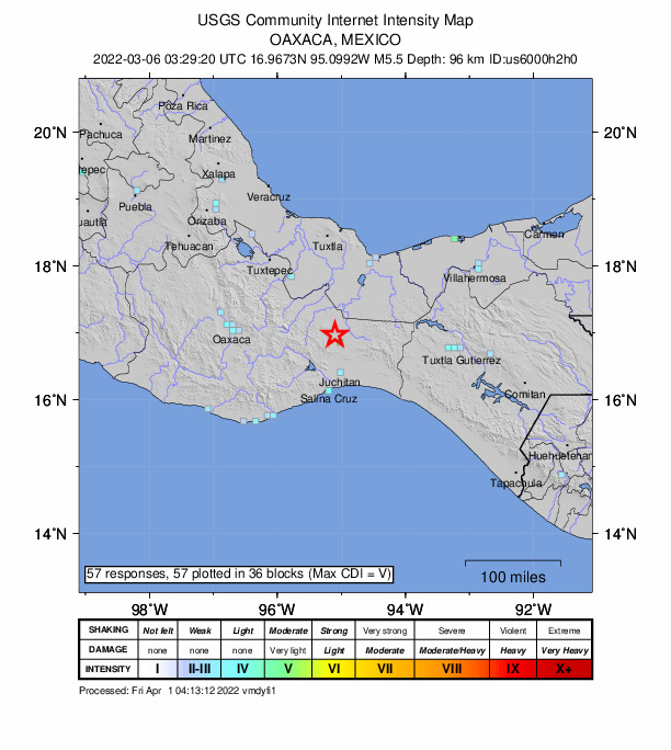USGS DYFI community-reported intensity map for the M5.5 earthquake near 3 km S of Zacatal, Mexico
