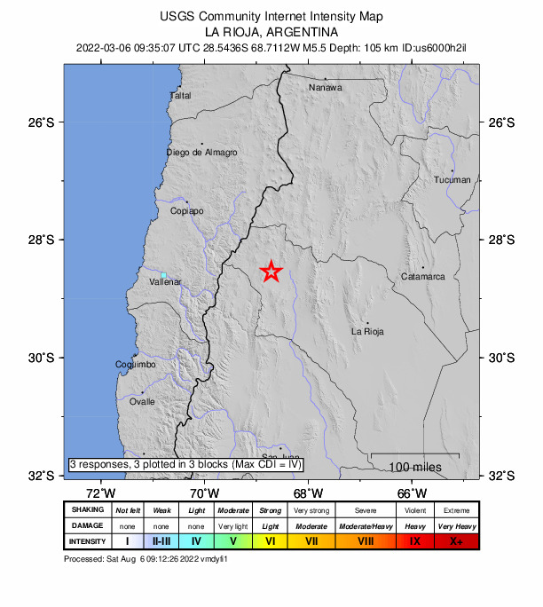 USGS DYFI community-reported intensity map for the M5.5 earthquake near 54 km WNW of Vinchina, Argentina
