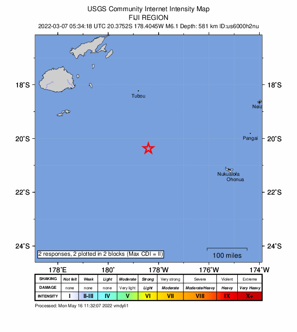 USGS DYFI community-reported intensity map for the M6.1 earthquake near Fiji region