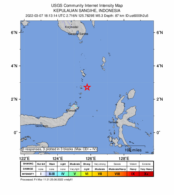 USGS DYFI community-reported intensity map for the M5.3 earthquake near 162 km NE of Laikit, Laikit II (Dimembe), Indonesia