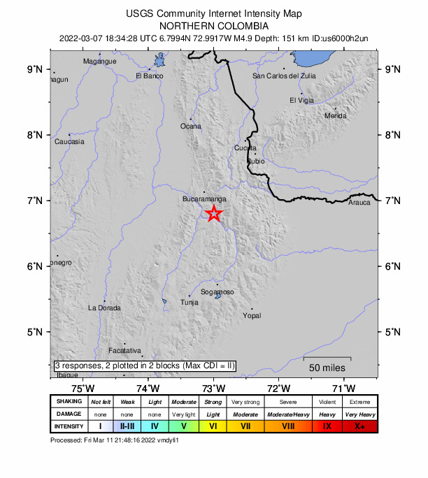 USGS DYFI community-reported intensity map for the M4.9 earthquake near 5 km NNW of Cepitá, Colombia