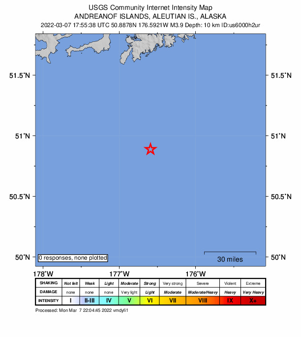 USGS DYFI community-reported intensity map for the M4.0 earthquake near 108 km S of Adak, Alaska