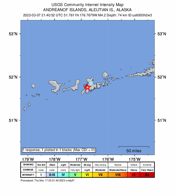 USGS DYFI community-reported intensity map for the M4.2 earthquake near 14 km SW of Adak, Alaska