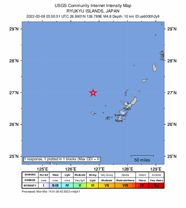 USGS DYFI community-reported intensity map for the M4.8 earthquake near Ryukyu Islands, Japan