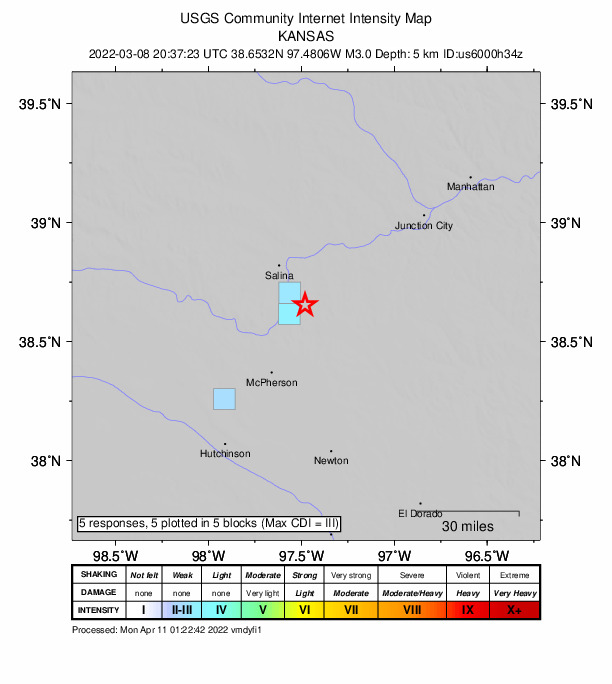 USGS DYFI community-reported intensity map for the M3.0 earthquake near 7 km SW of Gypsum, Kansas