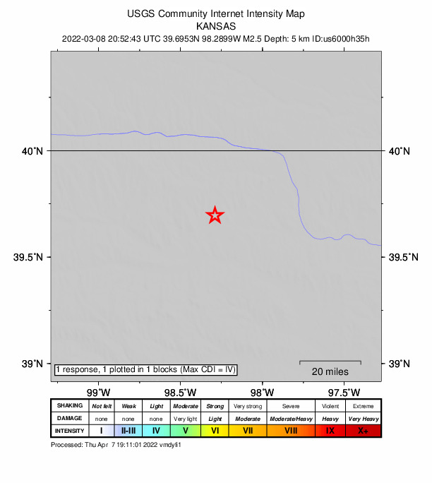 USGS DYFI community-reported intensity map for the M2.5 earthquake near 11 km WNW of Jewell, Kansas