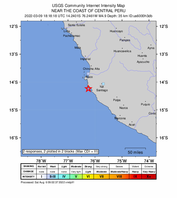 USGS DYFI community-reported intensity map for the M4.9 earthquake near 41 km S of Paracas, Peru