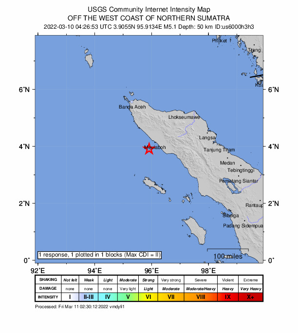 USGS DYFI community-reported intensity map for the M5.1 earthquake near 34 km SW of Meulaboh, Indonesia