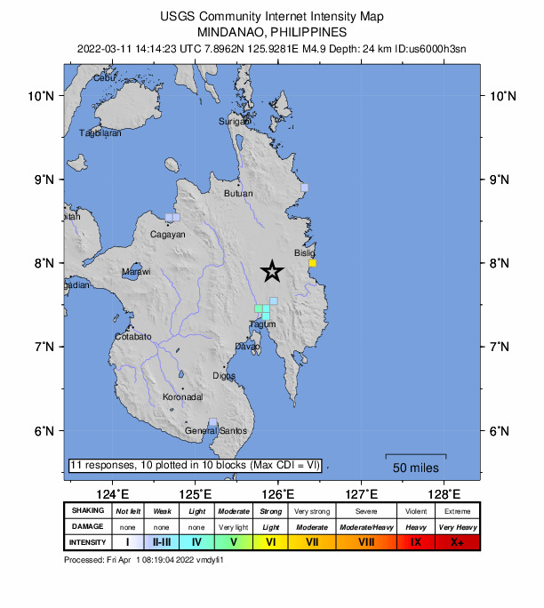 USGS DYFI community-reported intensity map for the M4.9 earthquake near 14 km WNW of Baylo, Philippines