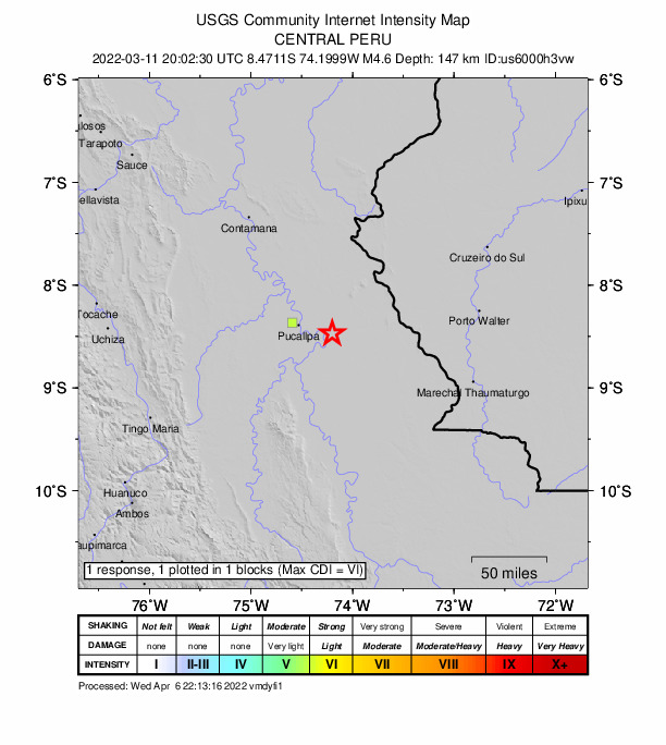 USGS DYFI community-reported intensity map for the M4.6 earthquake near 38 km ESE of San Fernando, Peru