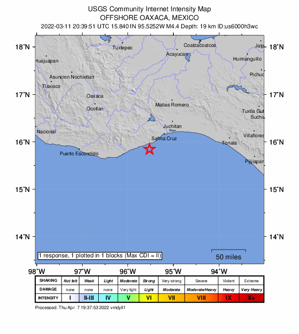 USGS DYFI community-reported intensity map for the M4.4 earthquake near 22 km SE of Santiago Astata, Mexico