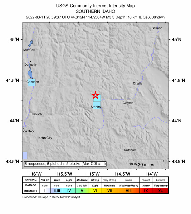 USGS DYFI community-reported intensity map for the M3.3 earthquake near 10 km N of Stanley, Idaho