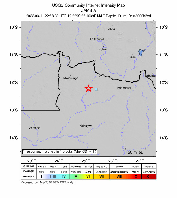 USGS DYFI community-reported intensity map for the M4.7 earthquake near 91 km SE of Mwinilunga, Zambia
