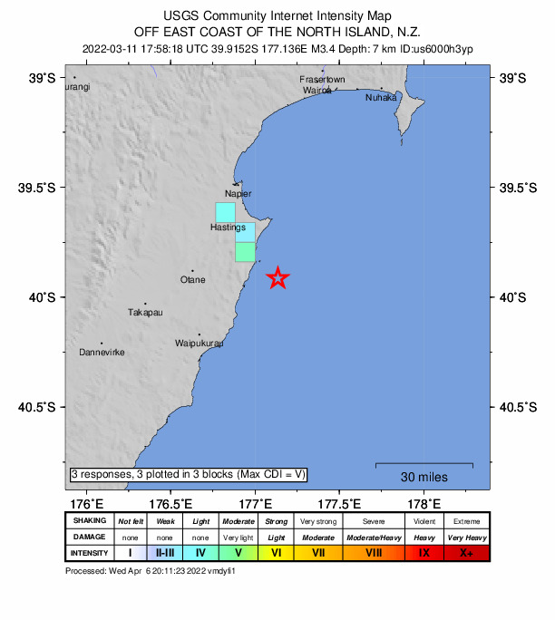 USGS DYFI community-reported intensity map for the M3.4 earthquake near 39 km SE of Hastings, New Zealand