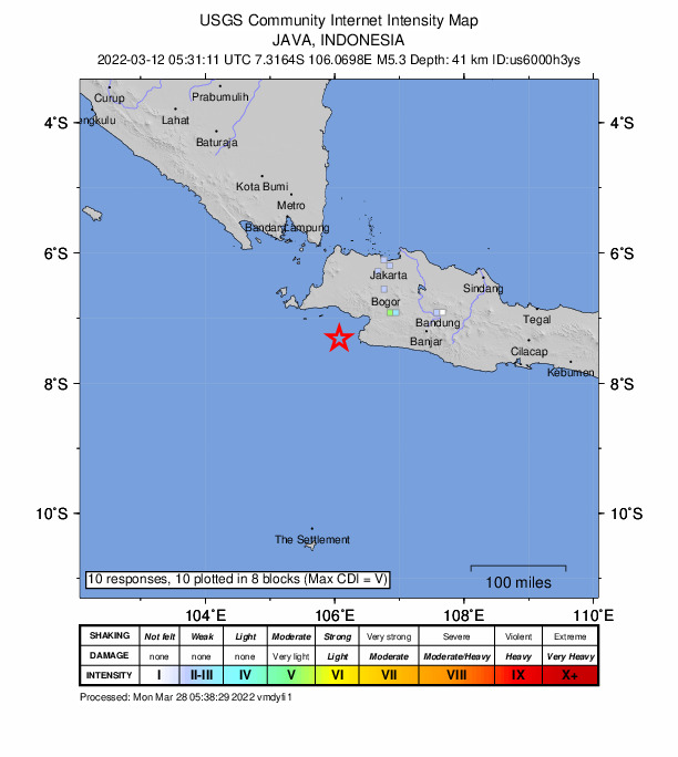 USGS DYFI community-reported intensity map for the M5.3 earthquake near 64 km SW of Pelabuhanratu, Indonesia