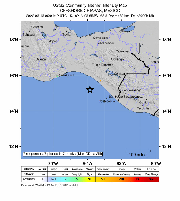 USGS DYFI community-reported intensity map for the M5.3 earthquake near 75 km SSW of Manuel Ávila Camacho (Ponte Duro), Mexico