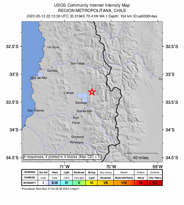 USGS DYFI community-reported intensity map for the M4.1 earthquake near 22 km NE of Villa Presidente Frei, Ñuñoa, Santiago, Chile, Chile