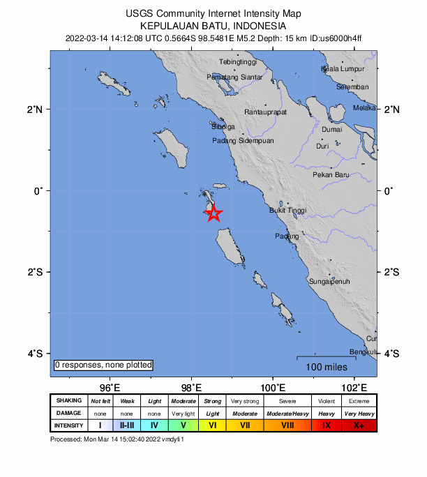 USGS DYFI community-reported intensity map for the M5.3 earthquake near 174 km W of Pariaman, Indonesia