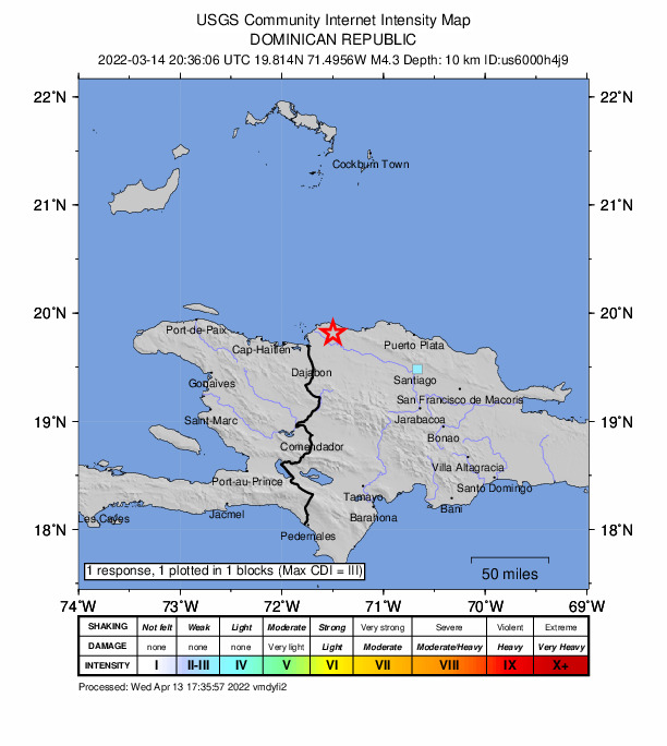 USGS DYFI community-reported intensity map for the M4.3 earthquake near 9 km NNW of Villa Vásquez, Dominican Republic
