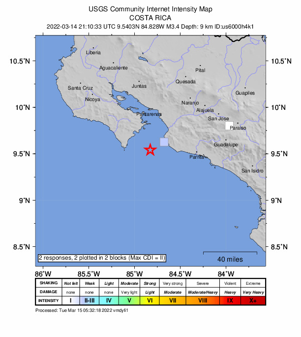 USGS DYFI community-reported intensity map for the M3.4 earthquake near 23 km WSW of Jacó, Costa Rica