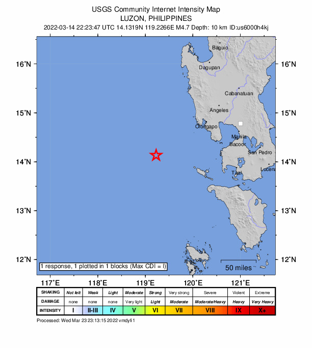 USGS DYFI community-reported intensity map for the M4.7 earthquake near 92 km WNW of Cabra, Philippines
