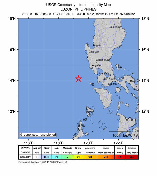 USGS DYFI community-reported intensity map for the M5.0 earthquake near 78 km WNW of Cabra, Philippines