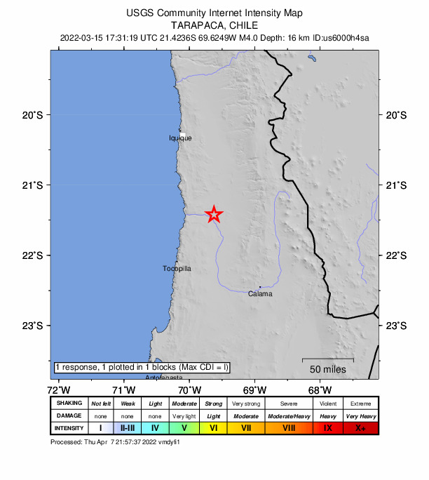 USGS DYFI community-reported intensity map for the M4.0 earthquake near 94 km NE of Tocopilla, Chile