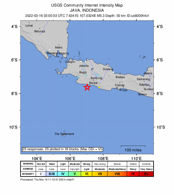 USGS DYFI community-reported intensity map for the M5.3 earthquake near 65 km SW of Banjar, Indonesia