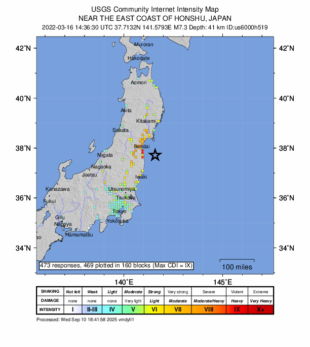 USGS DYFI community-reported intensity map for the M7.3 earthquake near 57 km ENE of Namie, Japan