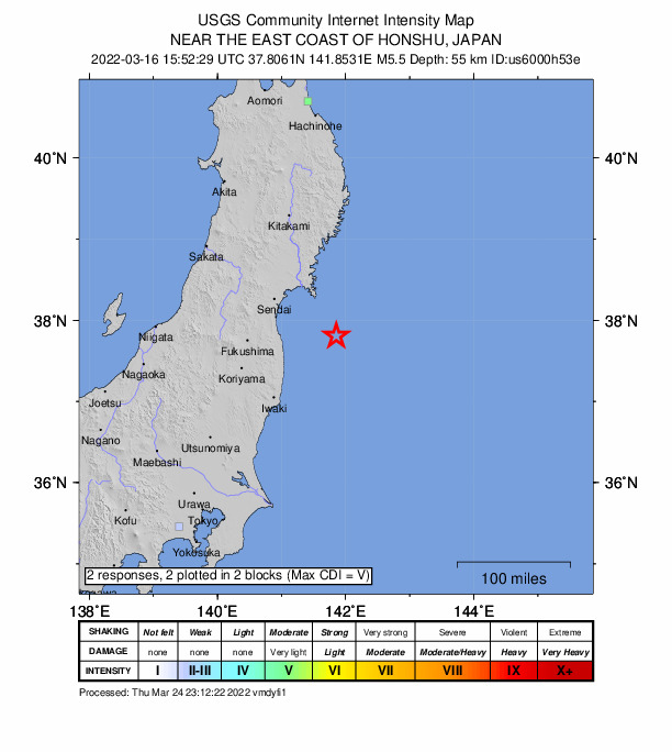 USGS DYFI community-reported intensity map for the M5.5 earthquake near 83 km SE of Ishinomaki, Japan