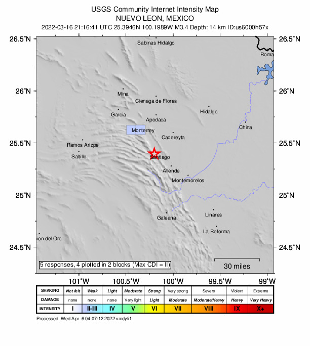 USGS DYFI community-reported intensity map for the M3.4 earthquake near 5 km SW of Santiago, Mexico
