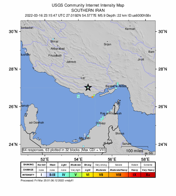 USGS DYFI community-reported intensity map for the M5.9 earthquake near 59 km NNW of Bandar-e Lengeh, Iran