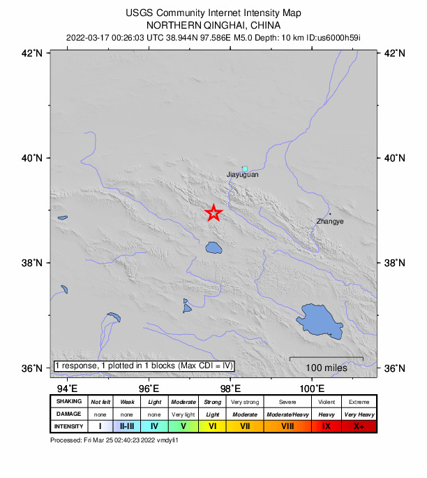 USGS DYFI community-reported intensity map for the M5.0 earthquake near 99 km S of Laojunmiao, China