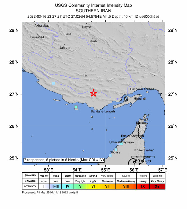 USGS DYFI community-reported intensity map for the M4.5 earthquake near 60 km NNW of Bandar-e Lengeh, Iran