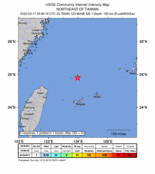 USGS DYFI community-reported intensity map for the M5.1 earthquake near 162 km N of Ishigaki, Japan
