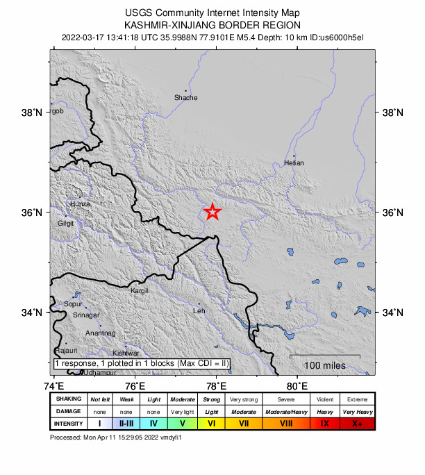 USGS DYFI community-reported intensity map for the M5.1 earthquake near 156 km NE of Thang, India