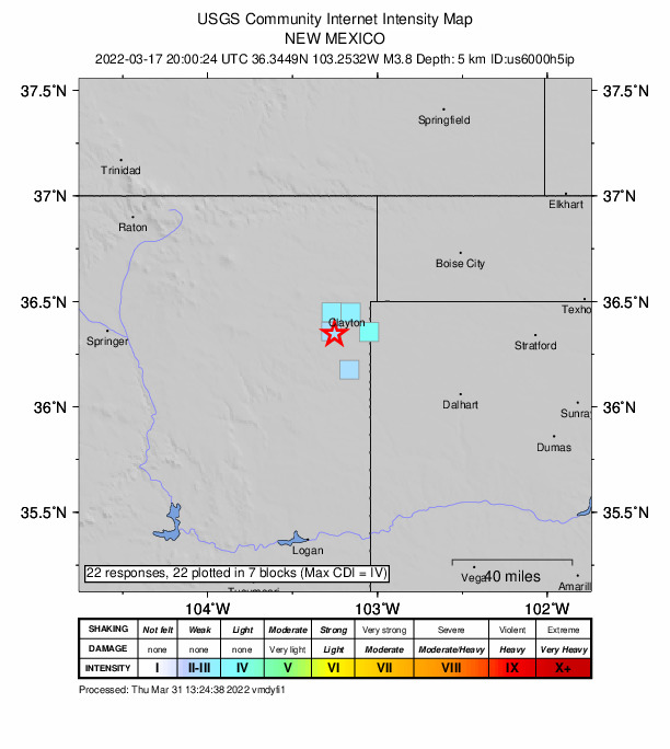 USGS DYFI community-reported intensity map for the M3.8 earthquake near 13 km SSW of Clayton, New Mexico
