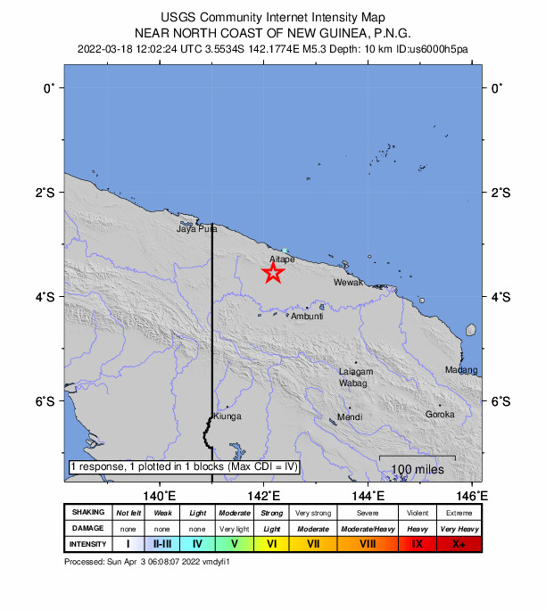 USGS DYFI community-reported intensity map for the M5.2 earthquake near 51 km SSW of Aitape, Papua New Guinea