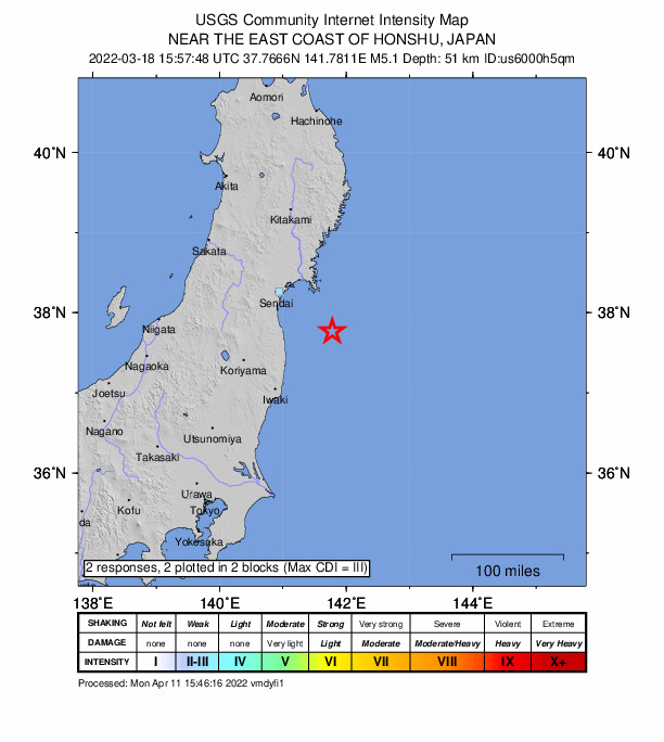 USGS DYFI community-reported intensity map for the M5.1 earthquake near 75 km ENE of Namie, Japan