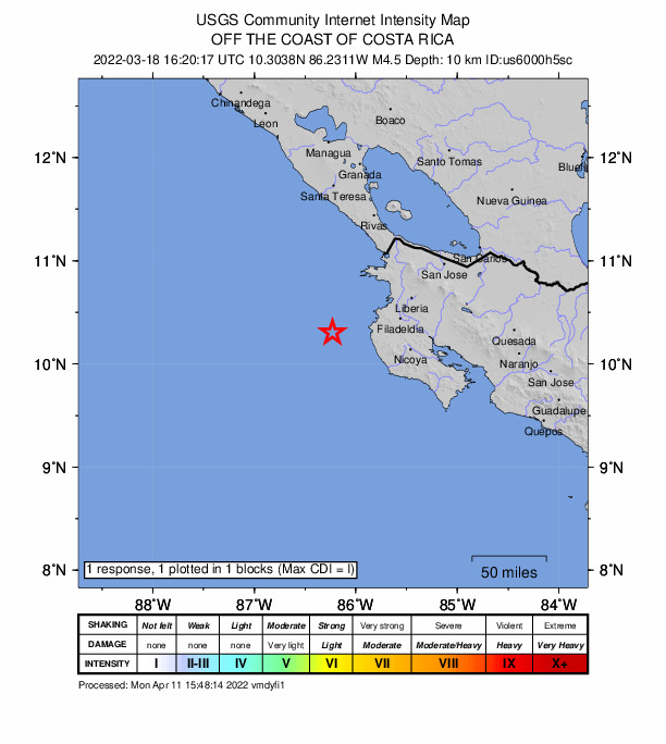 USGS DYFI community-reported intensity map for the M4.5 earthquake near 68 km WSW of Sardinal, Costa Rica