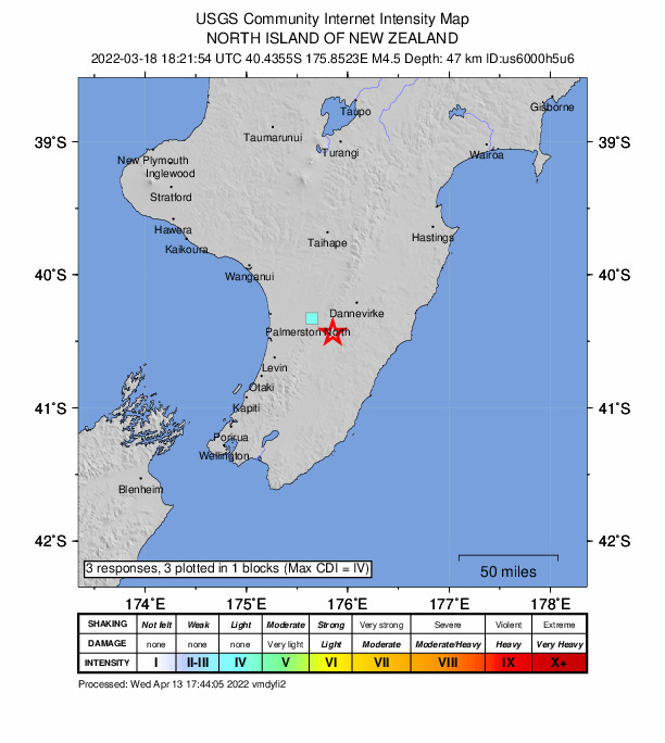 USGS DYFI community-reported intensity map for the M4.5 earthquake near 21 km ESE of Palmerston North, New Zealand