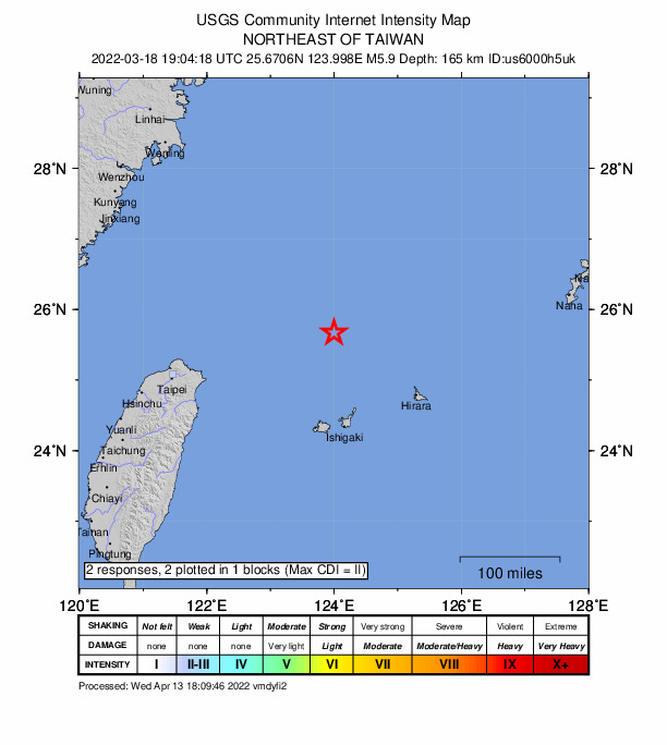 USGS DYFI community-reported intensity map for the M5.9 earthquake near 147 km N of Ishigaki, Japan