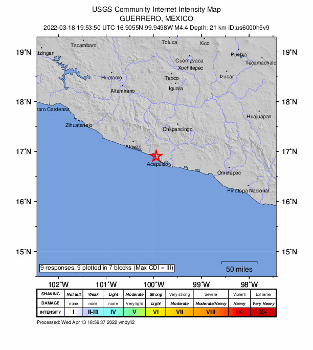 USGS DYFI community-reported intensity map for the M4.4 earthquake near 4 km SSE of El Conchero, Mexico